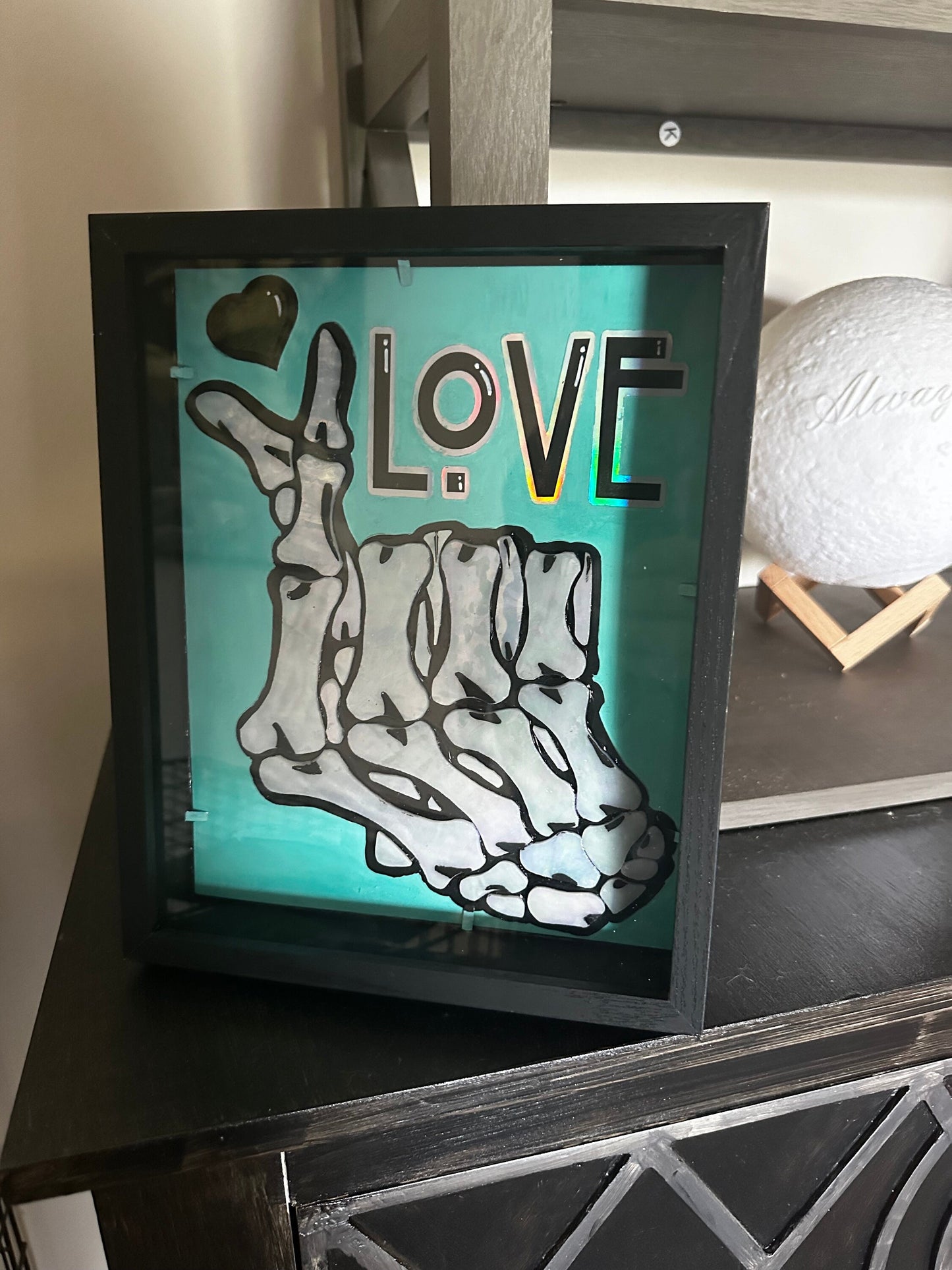 Stained Glass Skeleton Hand Love, Gothic Shadowbox Wall Hangings, Window Sun Catcher for the Perfect One-of-a-Kind Piece of Art