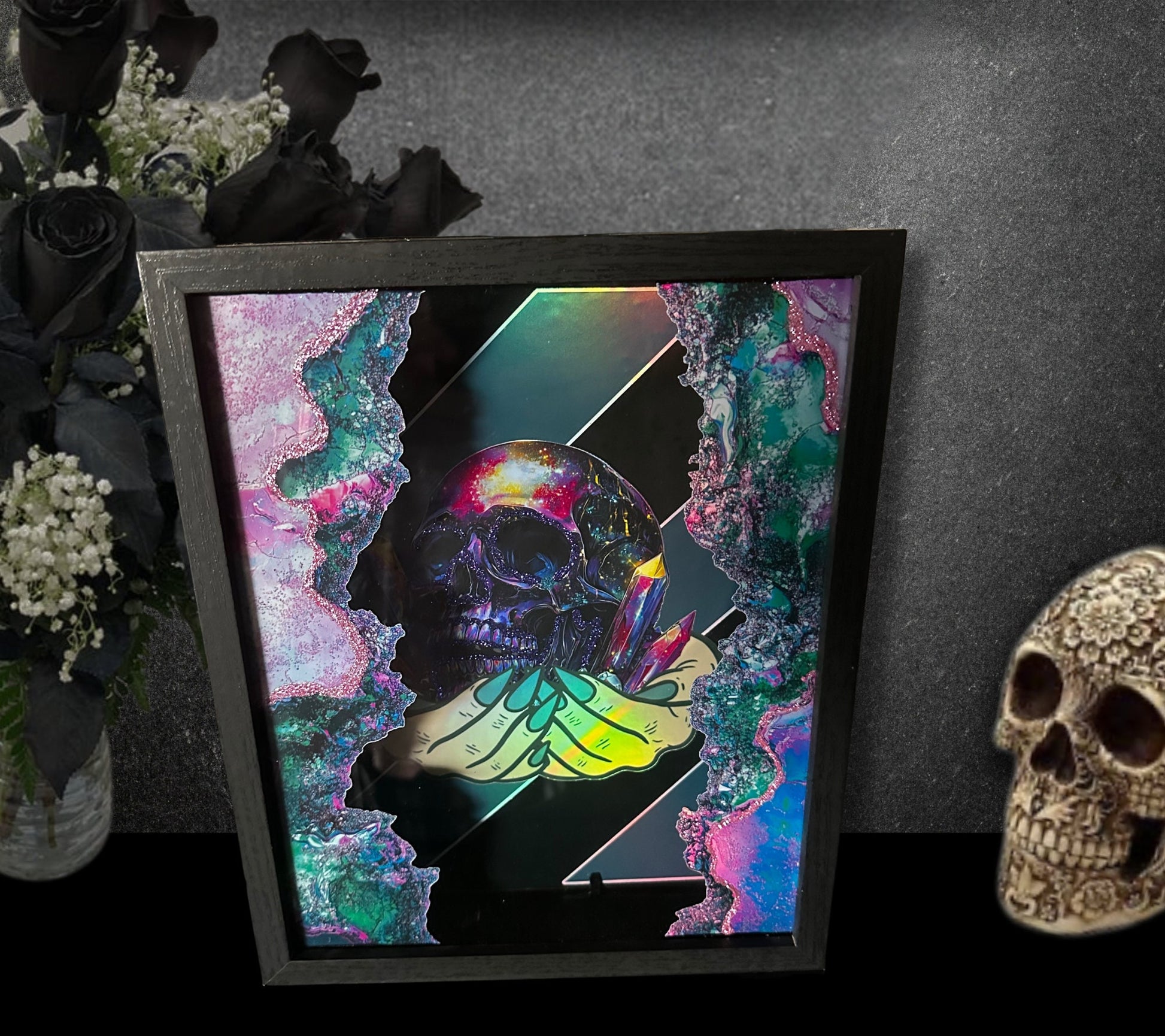 Crystal Geode Skull Shadowbox, Unique Dark Academia Wall Decor, Perfect Art for a Gothic Living Spcae