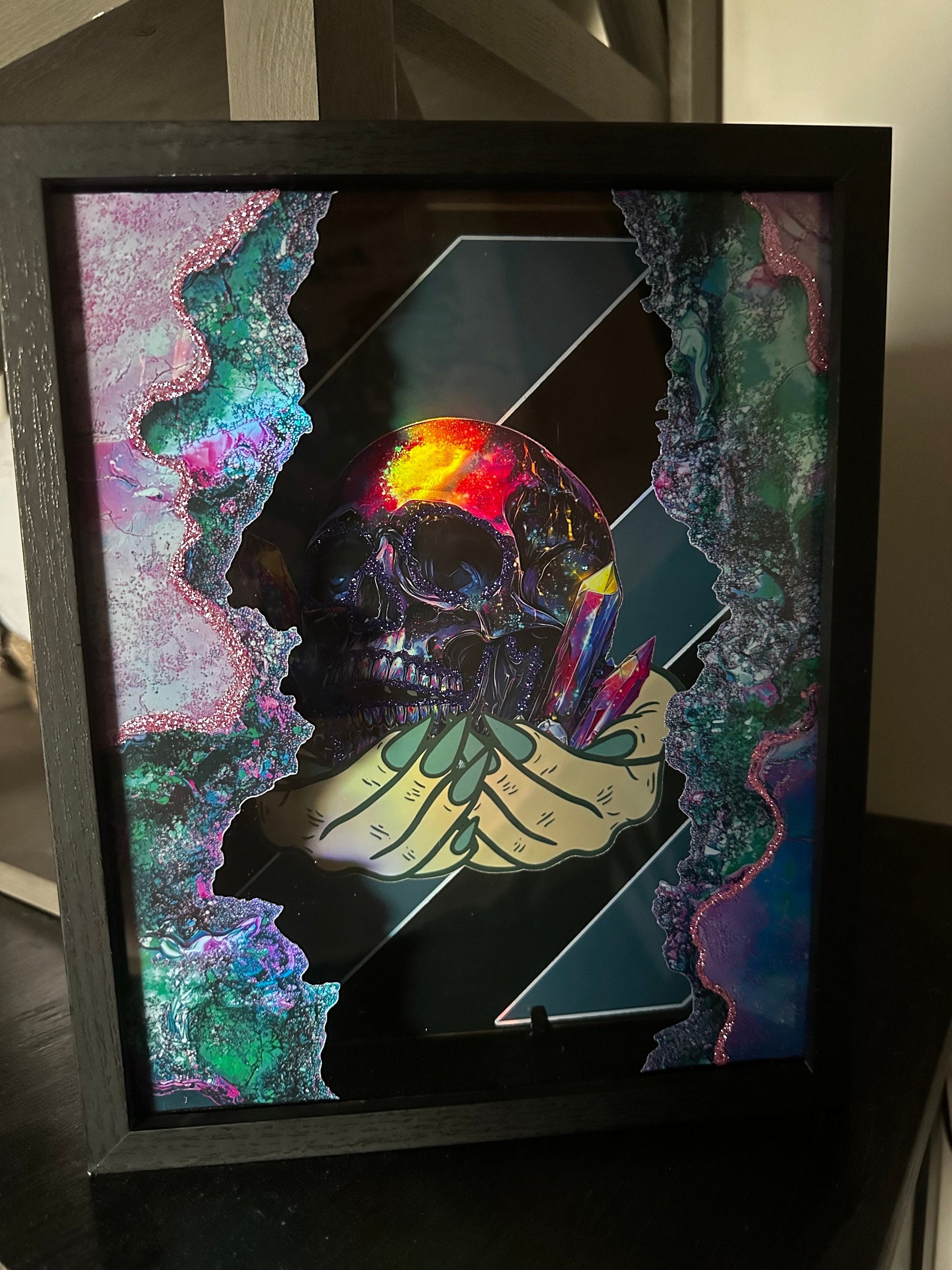 Crystal Geode Skull Shadowbox, Unique Dark Academia Wall Decor, Perfect Art for a Gothic Living Spcae