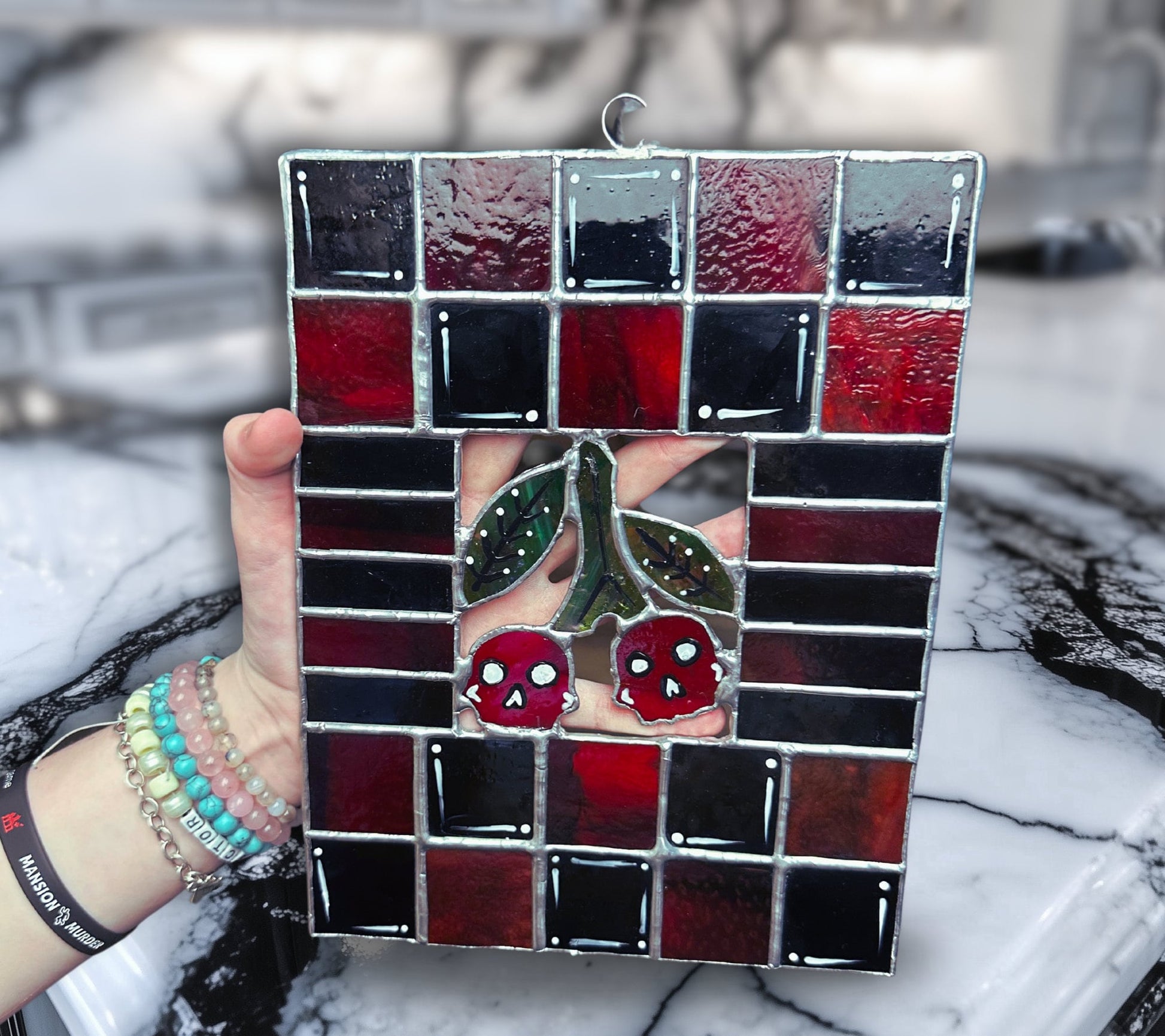 Stained Glass Cherry Skull Checkerboard, Gothic Wall Hangings, Window Sun Catcher for the Perfect One-of-a-Kind Piece of Art