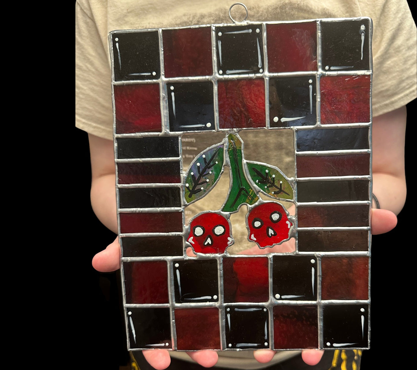 Stained Glass Cherry Skull Checkerboard, Gothic Wall Hangings, Window Sun Catcher for the Perfect One-of-a-Kind Piece of Art