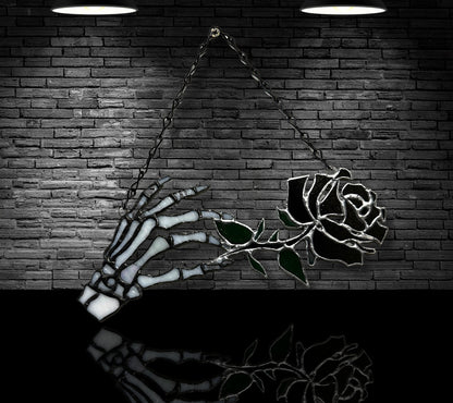 Stained Glass Skeleton Death Rose, Gothic Wall Hangings, Window Sun Catcher for the Perfect One-of-a-Kind Piece of Art