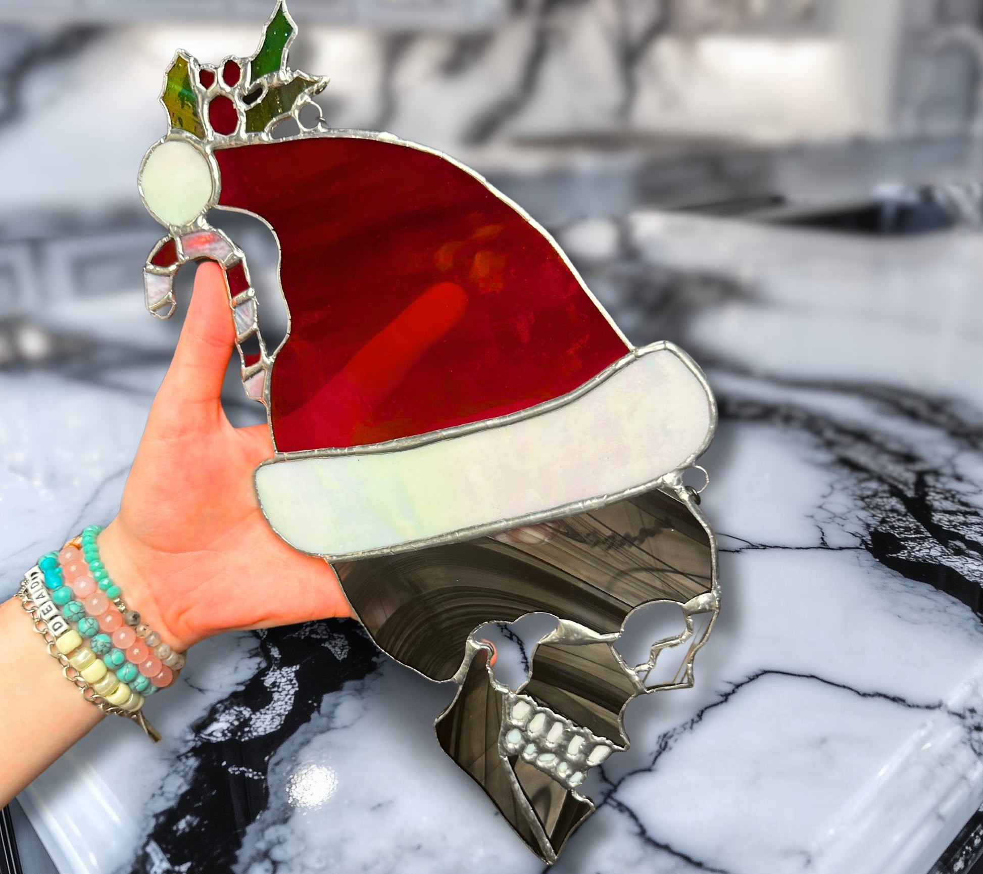 Stained Glass Santa Skull, Creepmas Gothic Home Decor