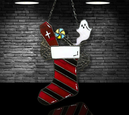 Stained Glass Stocking, Merry Creepmas Home Decor, Gothic Wall Hangings, Window Sun Catcher for the Perfect One-of-a-Kind Piece of Art,