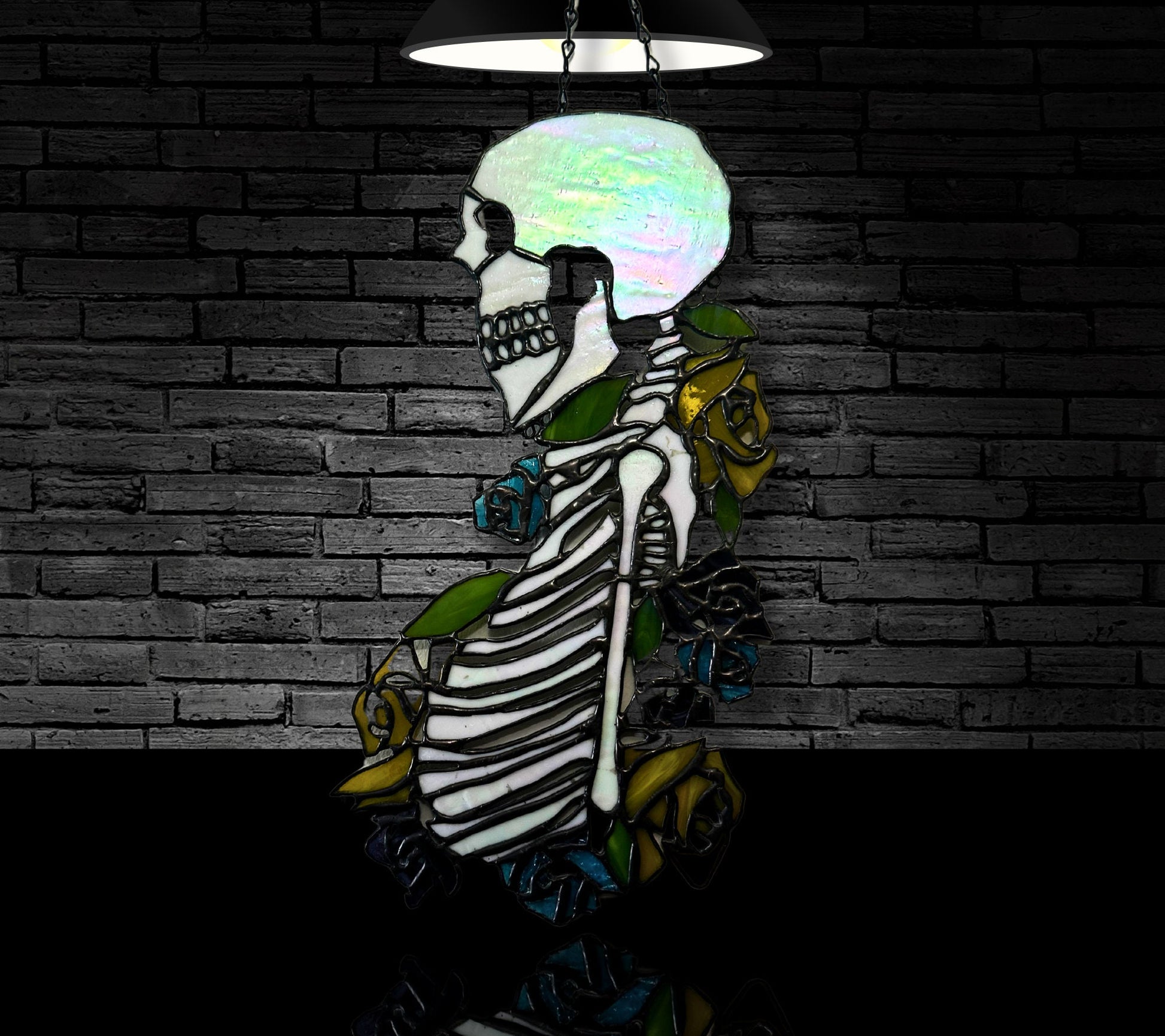 Stained Glass Skeleton Death By Flowers, Gothic Wall Hangings, Window Sun Catcher for the Perfect One-of-a-Kind Piece of Art