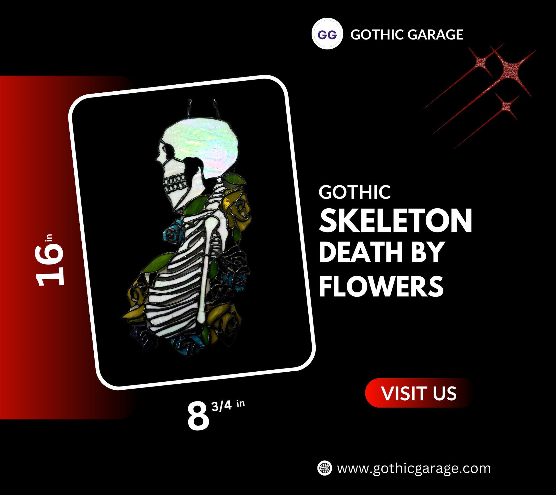 Stained Glass Skeleton Death By Flowers, Gothic Wall Hangings, Window Sun Catcher for the Perfect One-of-a-Kind Piece of Art