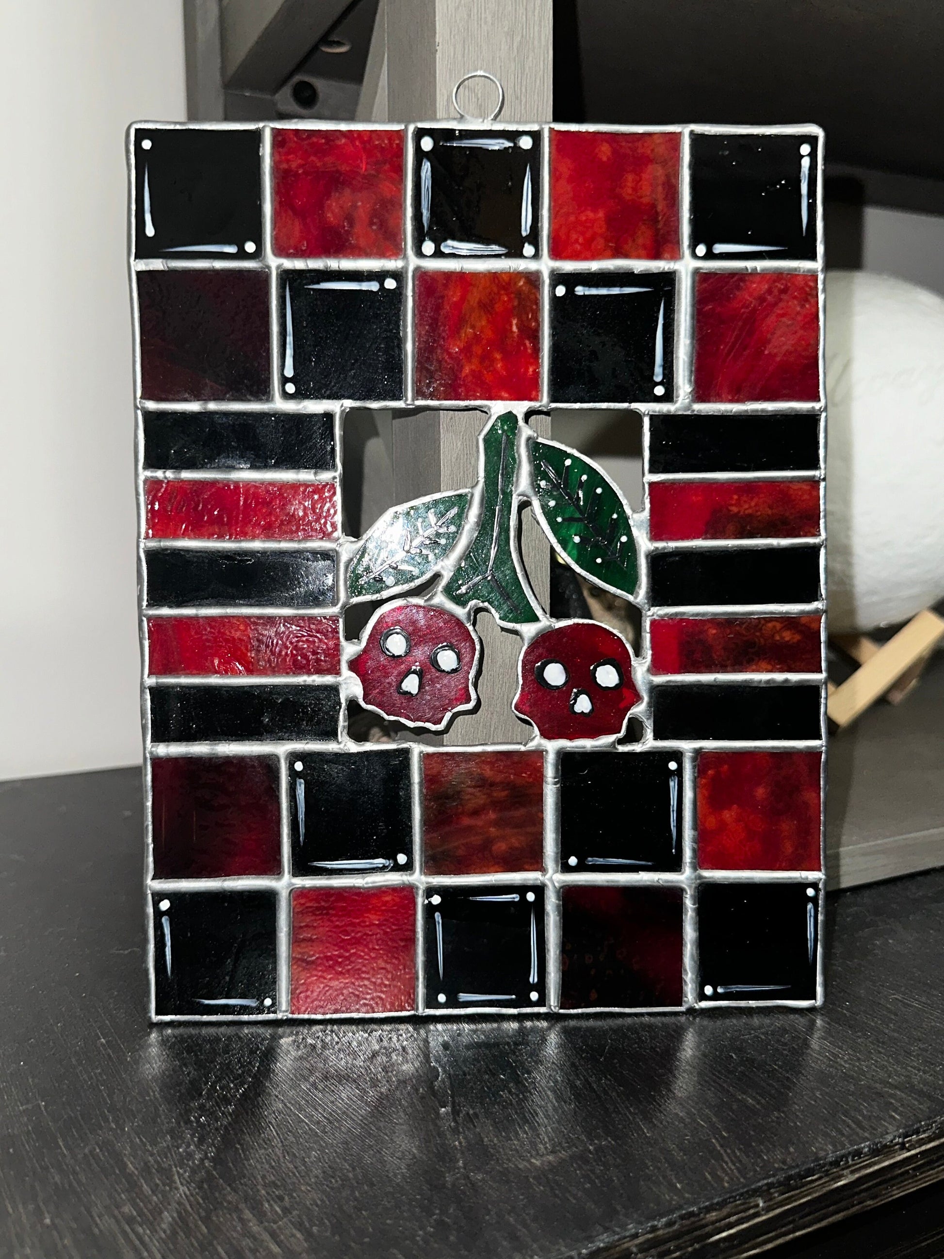 Stained Glass Cherry Skull Checkerboard, Gothic Wall Hangings, Window Sun Catcher for the Perfect One-of-a-Kind Piece of Art