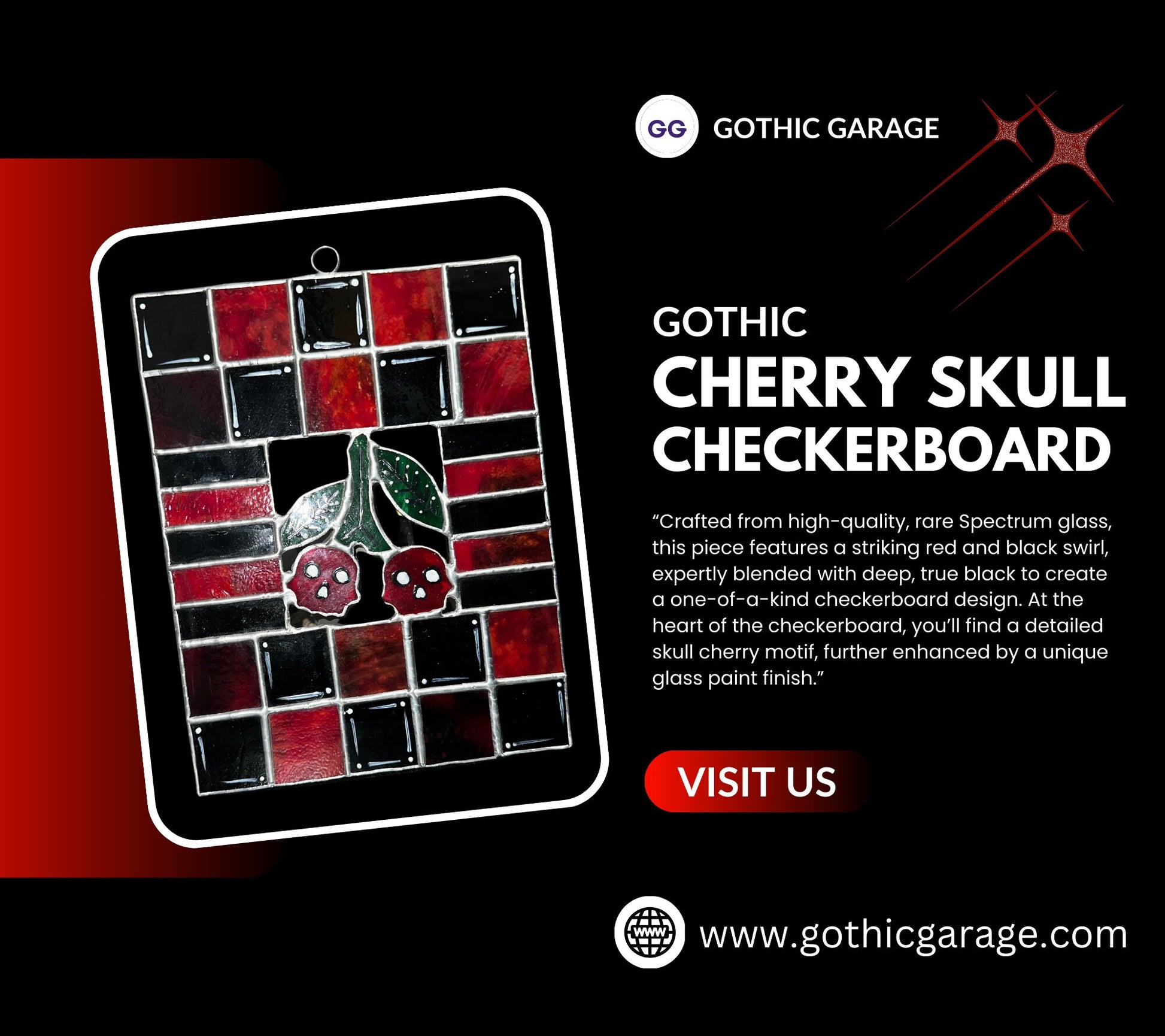 Stained Glass Cherry Skull Checkerboard, Gothic Wall Hangings, Window Sun Catcher for the Perfect One-of-a-Kind Piece of Art