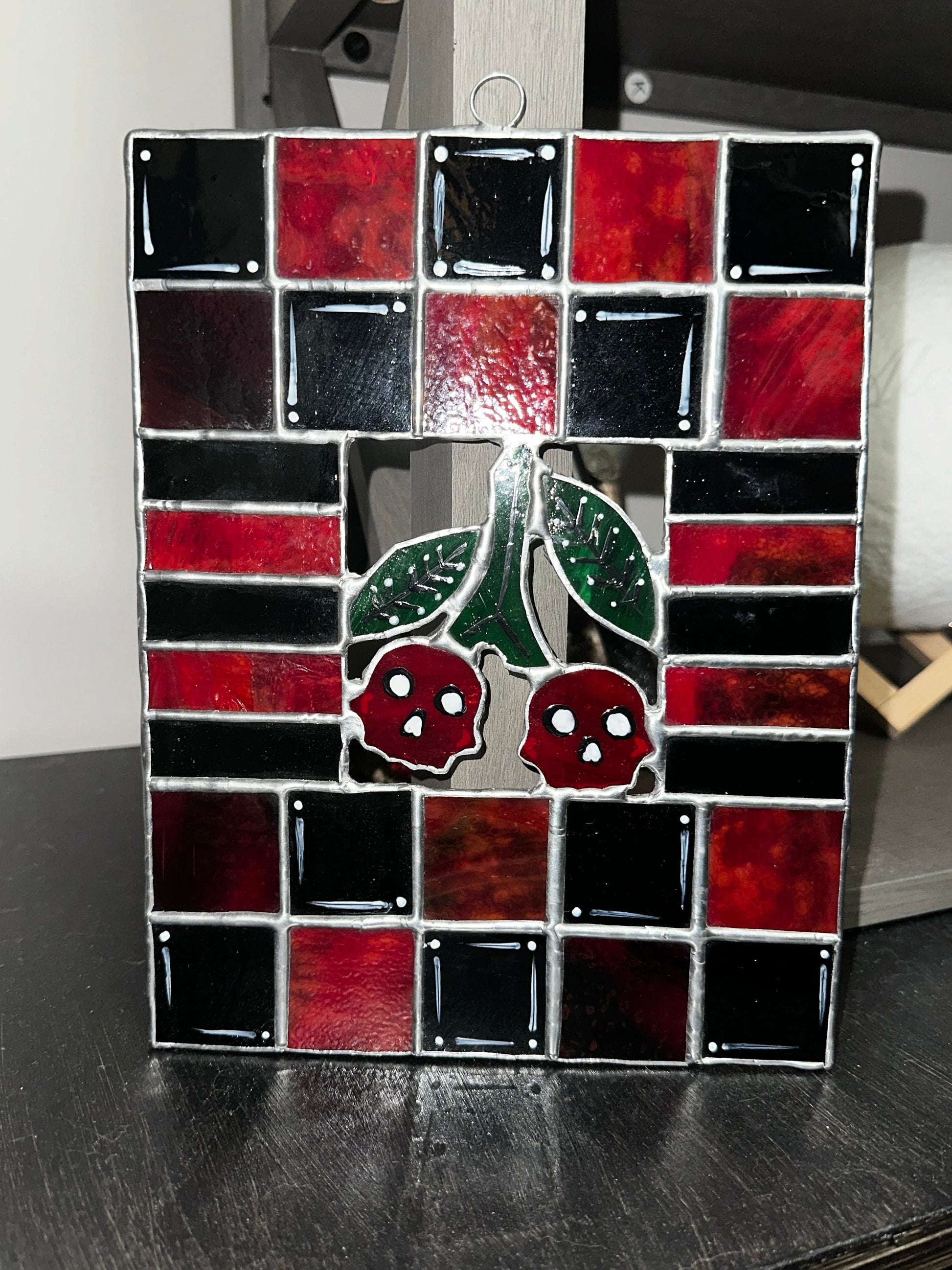 Stained Glass Cherry Skull Checkerboard, Gothic Wall Hangings, Window Sun Catcher for the Perfect One-of-a-Kind Piece of Art