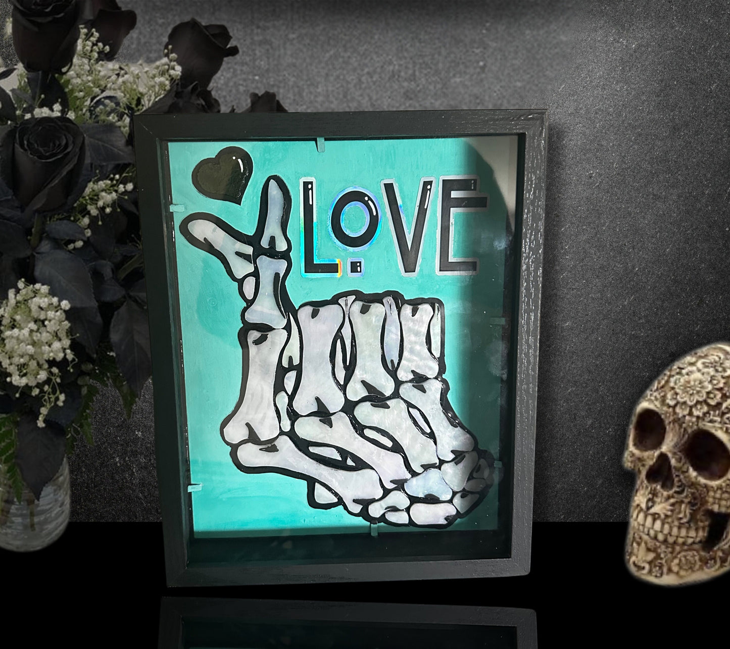 Stained Glass Skeleton Hand Love, Gothic Shadowbox Wall Hangings, Window Sun Catcher for the Perfect One-of-a-Kind Piece of Art