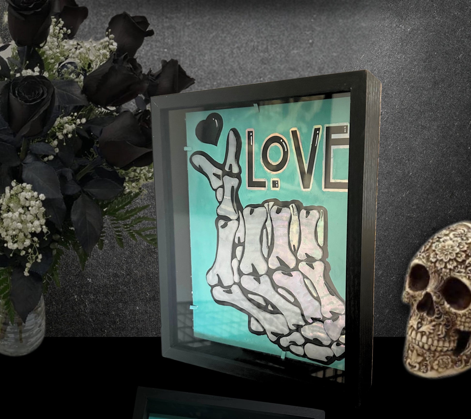 Stained Glass Skeleton Hand Love, Gothic Shadowbox Wall Hangings, Window Sun Catcher for the Perfect One-of-a-Kind Piece of Art