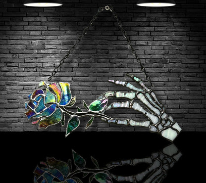 Stained Glass Skeleton Death Rose, Gothic Wall Hangings, Window Sun Catcher for the Perfect One-of-a-Kind Piece of Art