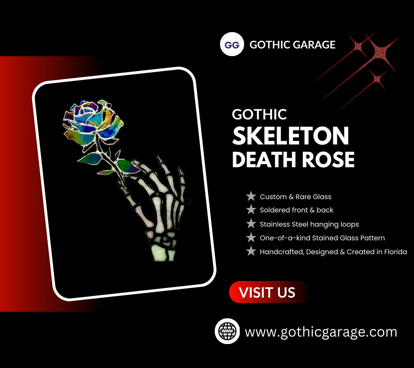 Stained Glass Skeleton Death Rose, Gothic Wall Hangings, Window Sun Catcher for the Perfect One-of-a-Kind Piece of Art