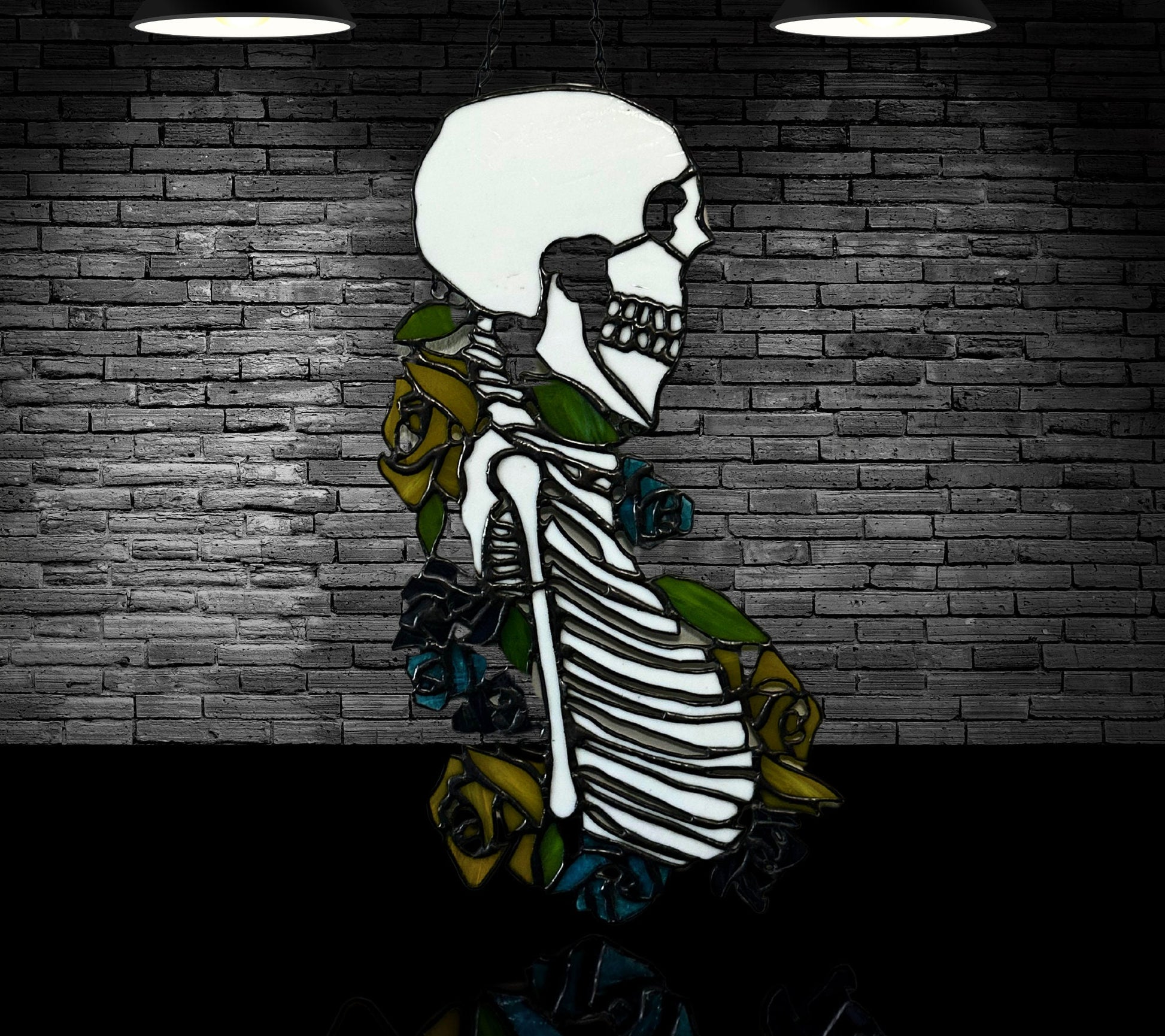 Stained Glass Skeleton Death By Flowers, Gothic Wall Hangings, Window Sun Catcher for the Perfect One-of-a-Kind Piece of Art