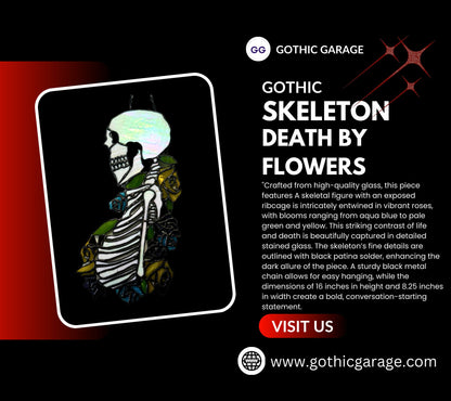 Stained Glass Skeleton Death By Flowers, Gothic Wall Hangings, Window Sun Catcher for the Perfect One-of-a-Kind Piece of Art