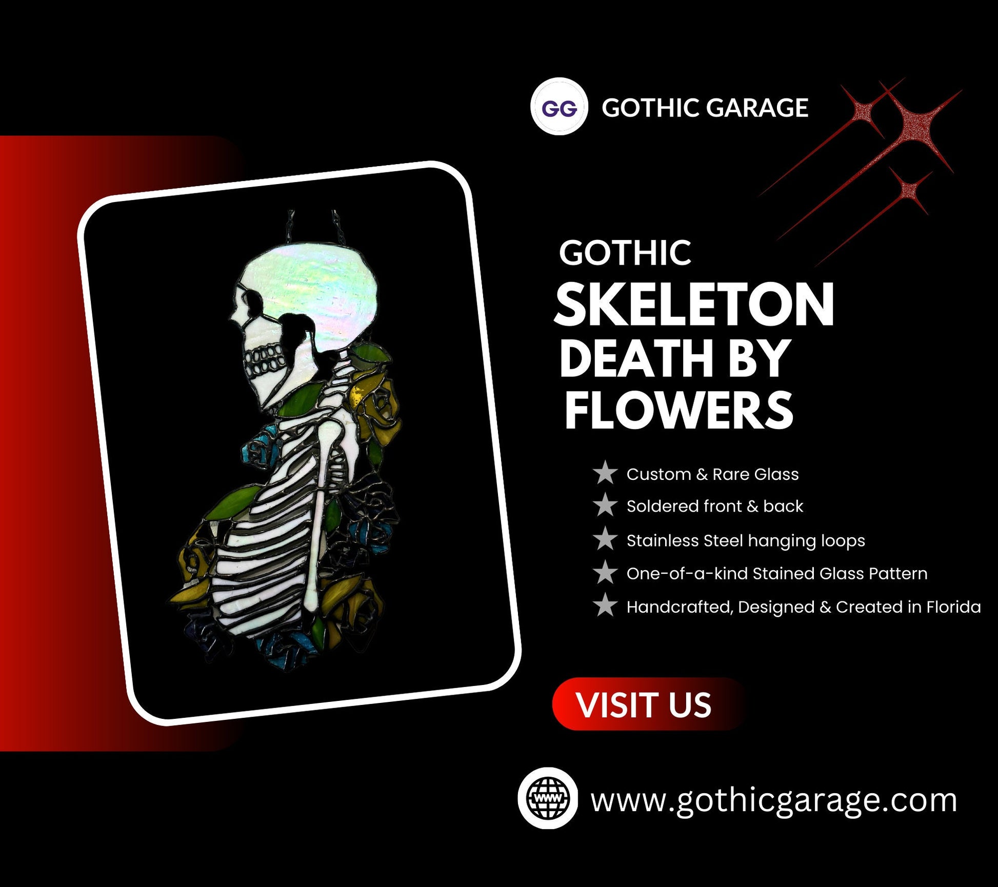 Stained Glass Skeleton Death By Flowers, Gothic Wall Hangings, Window Sun Catcher for the Perfect One-of-a-Kind Piece of Art