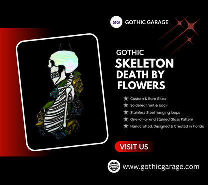 Stained Glass Skeleton Death By Flowers, Gothic Wall Hangings, Window Sun Catcher for the Perfect One-of-a-Kind Piece of Art