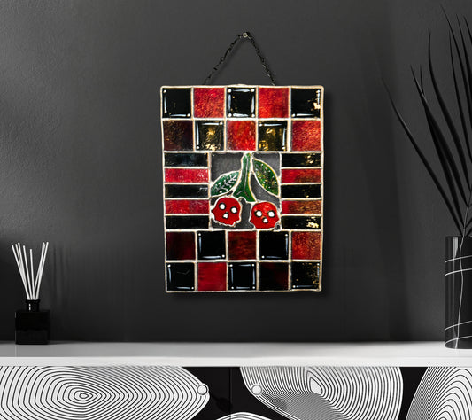 Stained Glass Cherry Skull Checkerboard, Gothic Wall Hangings, Window Sun Catcher for the Perfect One-of-a-Kind Piece of Art