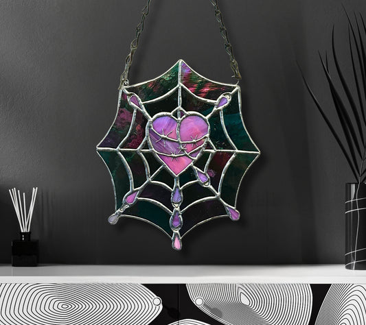 Gothic Stained Glass, Featuring a Stitched Heart and Spider Web – A Unique and Captivating Dark Decor Wall Art & Window Sun Catcher