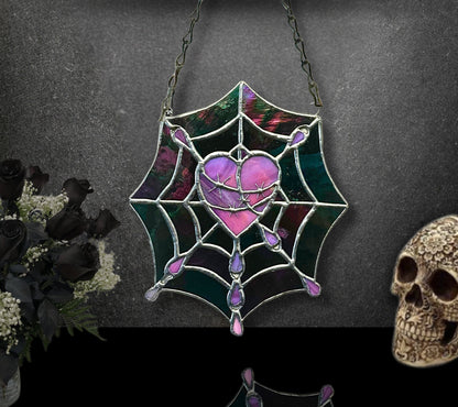 Gothic Stained Glass, Featuring a Stitched Heart and Spider Web – A Unique and Captivating Dark Decor Wall Art & Window Sun Catcher