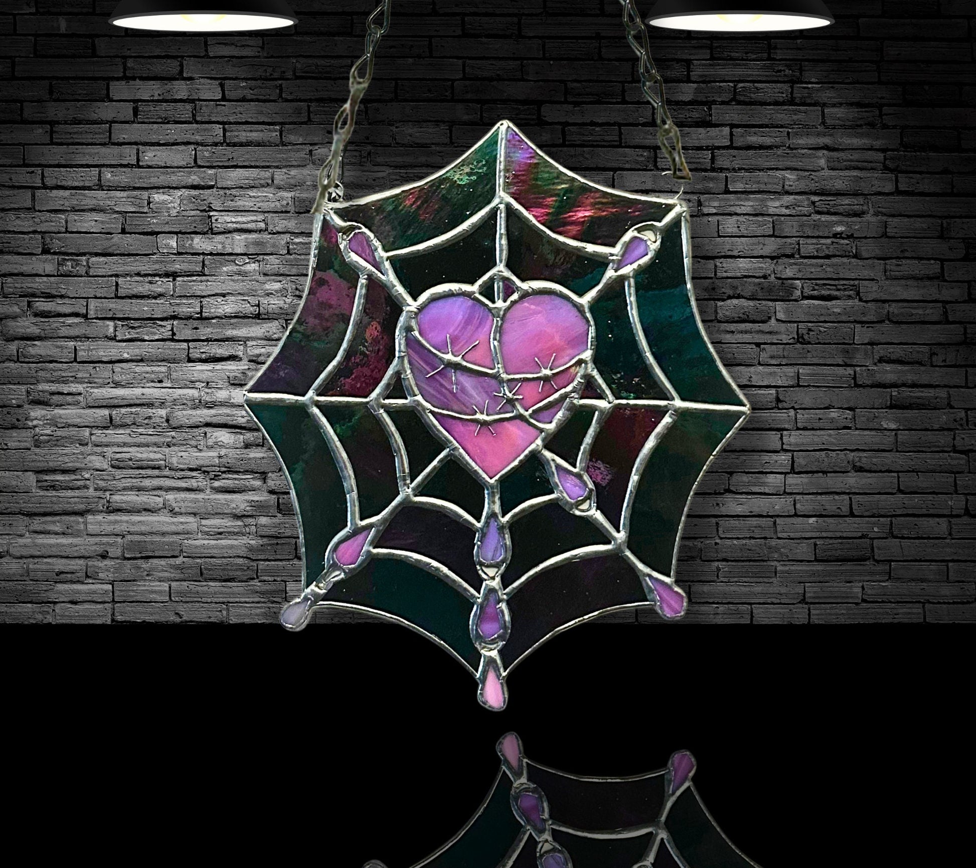 Gothic Stained Glass, Featuring a Stitched Heart and Spider Web – A Unique and Captivating Dark Decor Wall Art & Window Sun Catcher