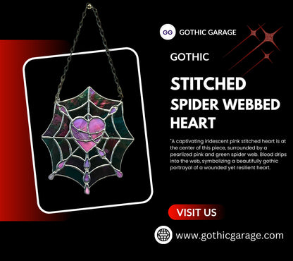 Gothic Stained Glass, Featuring a Stitched Heart and Spider Web – A Unique and Captivating Dark Decor Wall Art & Window Sun Catcher