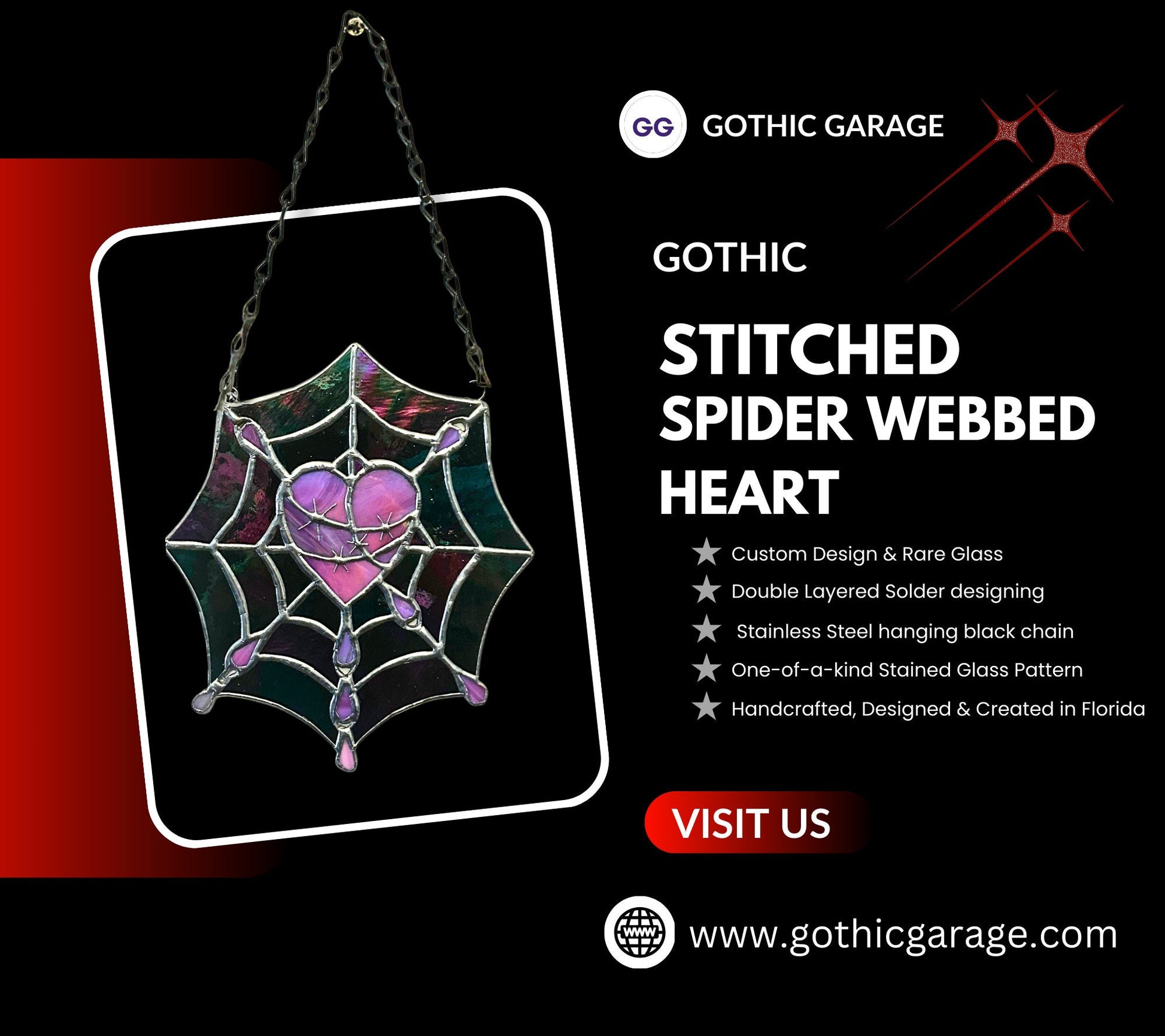 Gothic Stained Glass, Featuring a Stitched Heart and Spider Web – A Unique and Captivating Dark Decor Wall Art & Window Sun Catcher