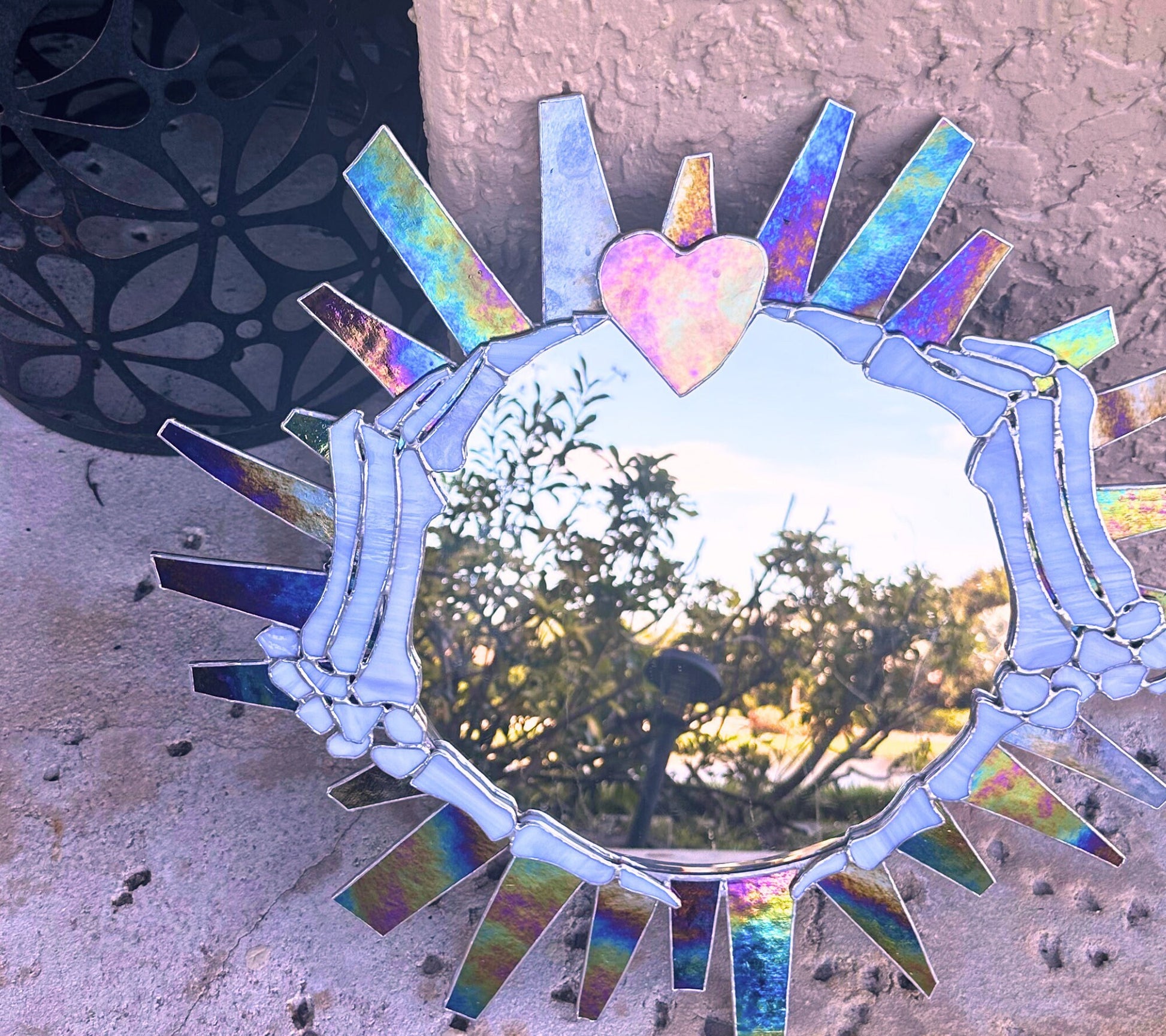 Handcrafted Stained Glass Mirror Inspired by the Florida Sunshine, Featuring Skeleton Hands – A Unique and Captivating Gothic Wall Art Piece