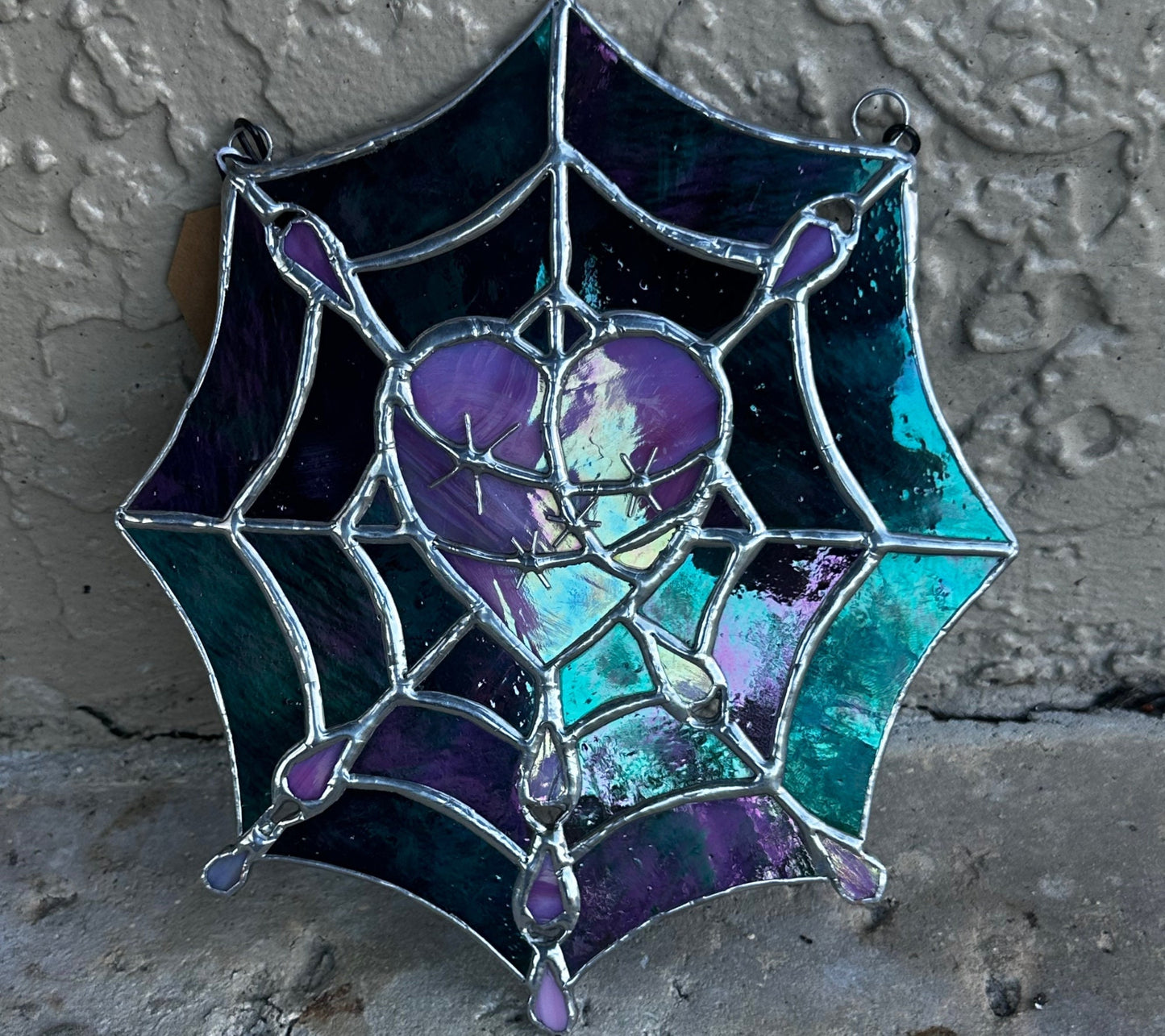 Gothic Stained Glass, Featuring a Stitched Heart and Spider Web – A Unique and Captivating Dark Decor Wall Art & Window Sun Catcher