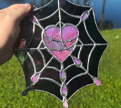 Gothic Stained Glass, Featuring a Stitched Heart and Spider Web – A Unique and Captivating Dark Decor Wall Art & Window Sun Catcher