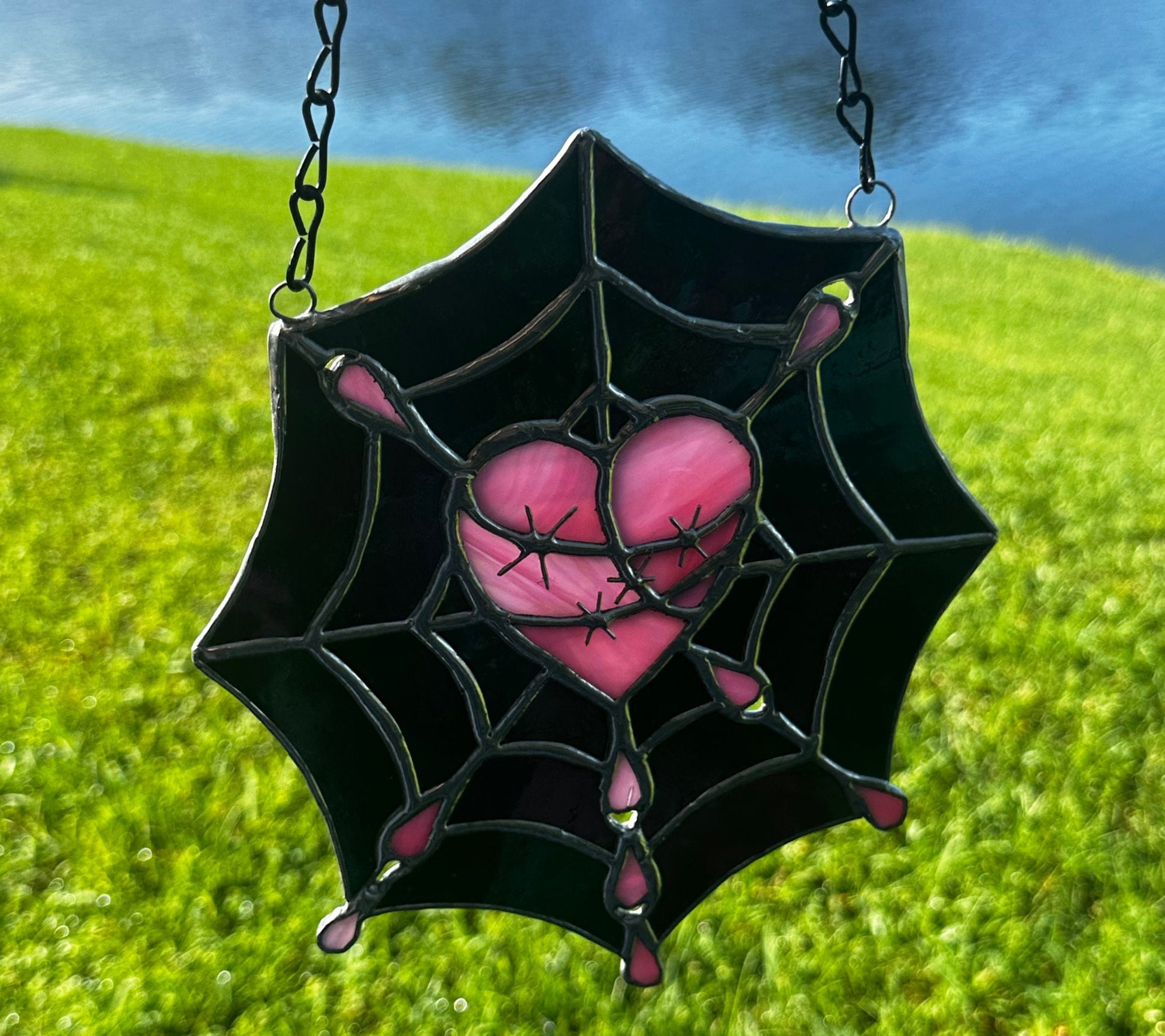 Gothic Stained Glass, Featuring a Stitched Heart and Spider Web – A Unique and Captivating Dark Decor Wall Art & Window Sun Catcher