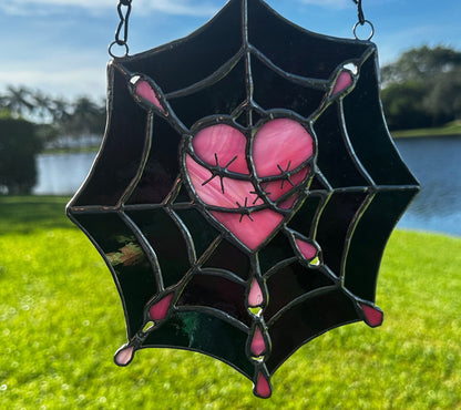 Gothic Stained Glass, Featuring a Stitched Heart and Spider Web – A Unique and Captivating Dark Decor Wall Art & Window Sun Catcher