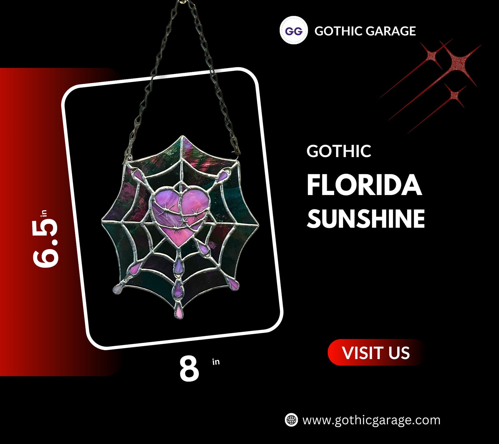 Gothic Stained Glass, Featuring a Stitched Heart and Spider Web – A Unique and Captivating Dark Decor Wall Art & Window Sun Catcher