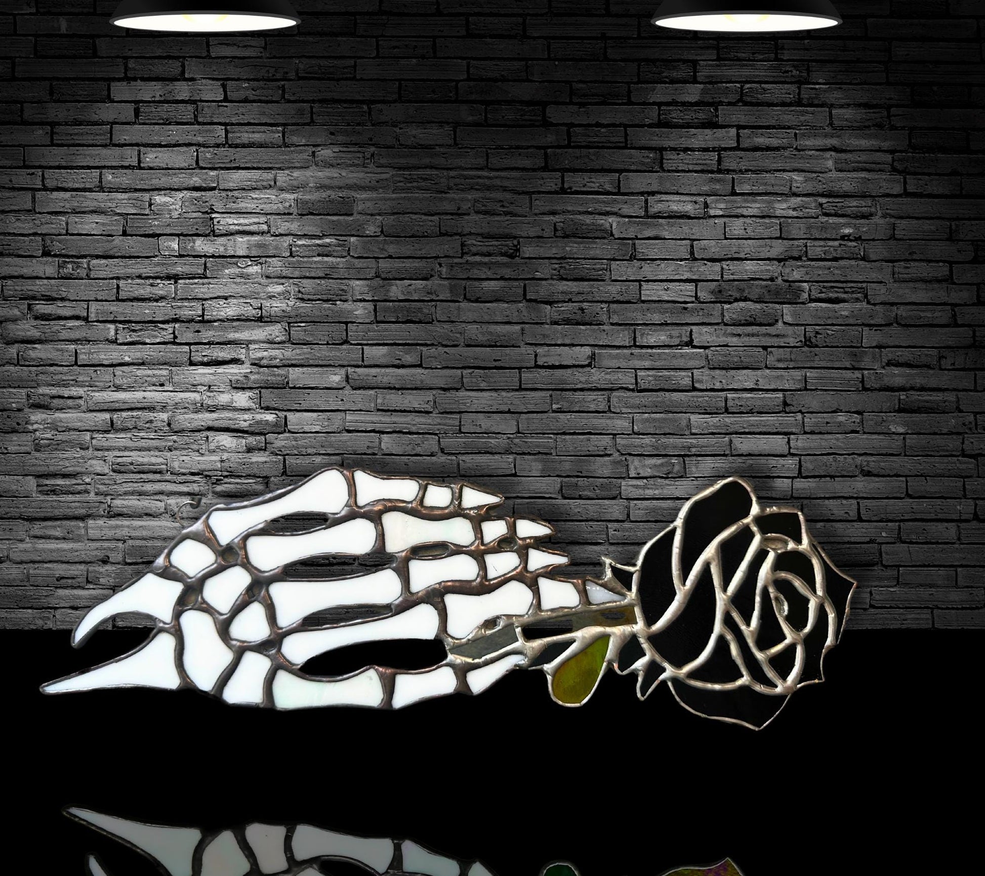 Stained Glass Skeleton Hand with Iridescent Rose – Gothic Window Suncatcher, Handmade Wall Hanging Art