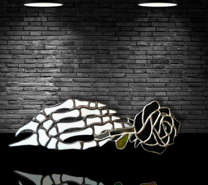 Stained Glass Skeleton Hand with Iridescent Rose – Gothic Window Suncatcher, Handmade Wall Hanging Art