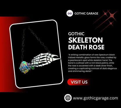 Stained Glass Skeleton Hand with Iridescent Rose – Gothic Window Suncatcher, Handmade Wall Hanging Art