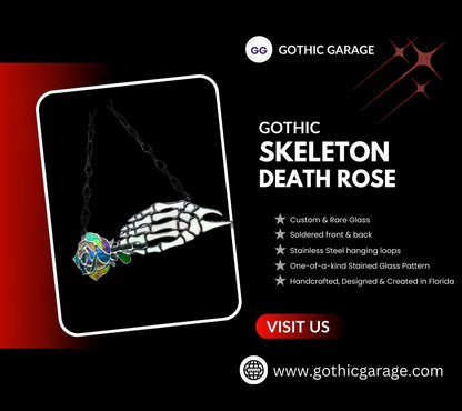 Stained Glass Skeleton Hand with Iridescent Rose – Gothic Window Suncatcher, Handmade Wall Hanging Art