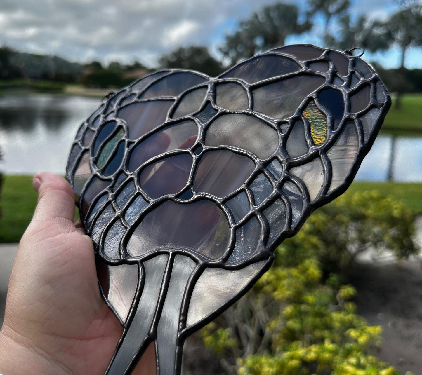 Snake Head Heart Stained Glass – Gothic Reptile Suncatcher for Alt Decor, Handmade Wall Art