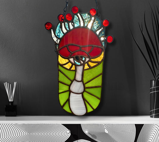 Psychedelic Stained Glass Alien Mushroom– Gothic Wall Hanging Statement Piece or Captivating One-of-a-Kind Window Sun Catcher