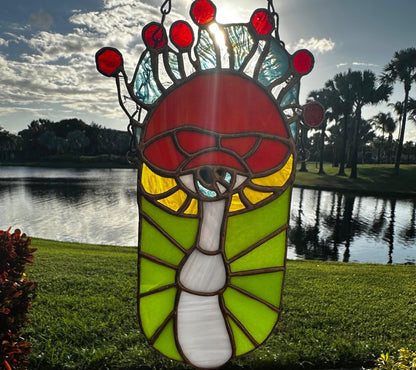 Psychedelic Stained Glass Alien Mushroom– Gothic Wall Hanging Statement Piece or Captivating One-of-a-Kind Window Sun Catcher