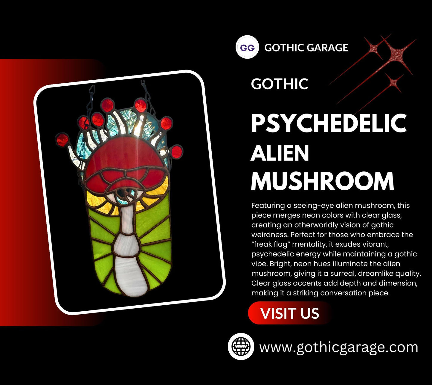 Psychedelic Stained Glass Alien Mushroom– Gothic Wall Hanging Statement Piece or Captivating One-of-a-Kind Window Sun Catcher