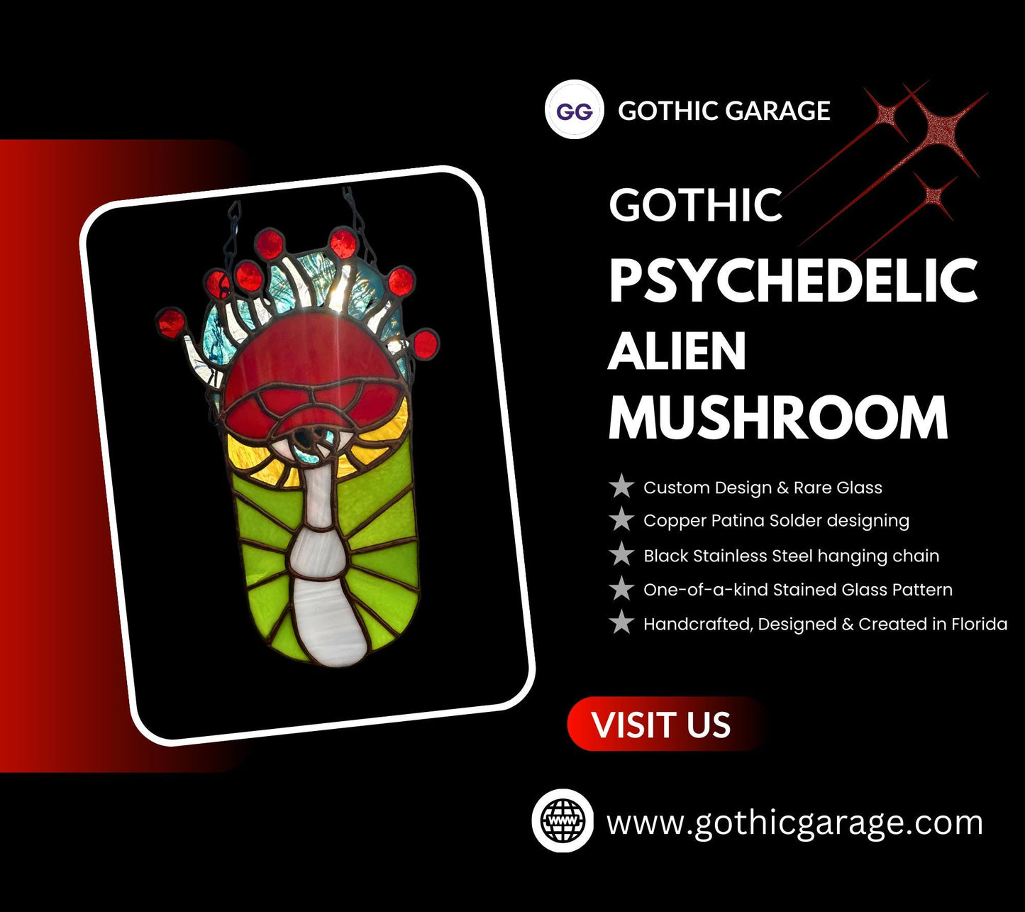 Psychedelic Stained Glass Alien Mushroom– Gothic Wall Hanging Statement Piece or Captivating One-of-a-Kind Window Sun Catcher