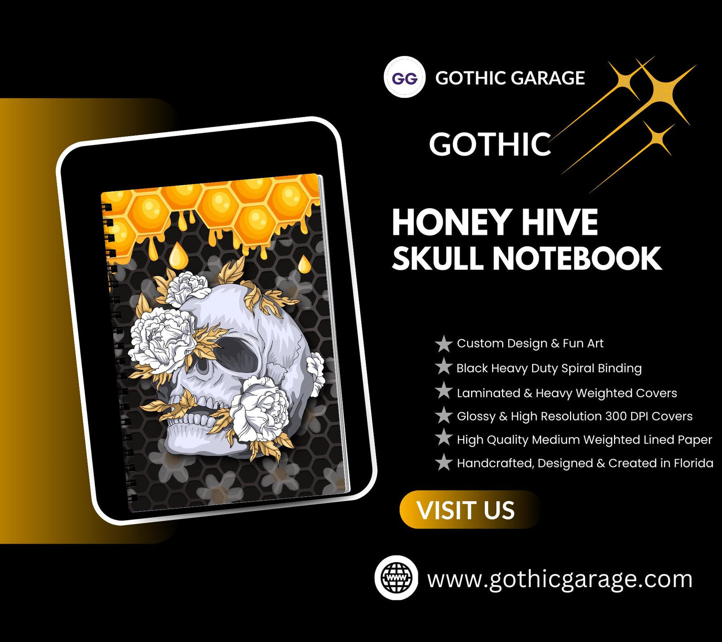 Gothic Skull & Honeycomb Daisies, Lined Notebook for Daily Tasks, Notes, and Personal Writing