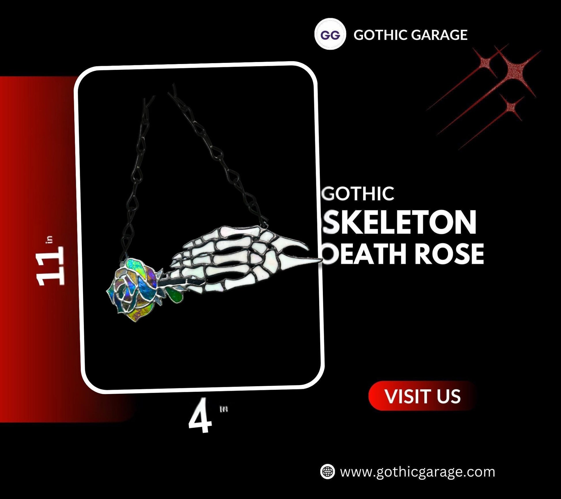 Stained Glass Skeleton Hand with Iridescent Rose – Gothic Window Suncatcher, Handmade Wall Hanging Art