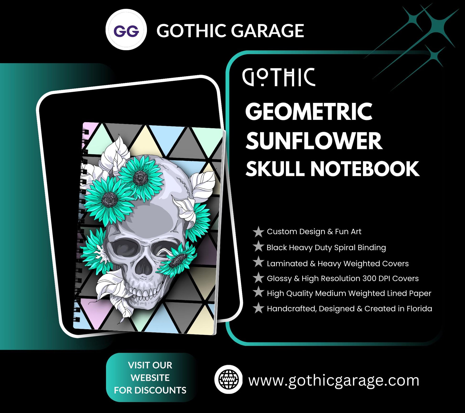 Gothic Geometric Sunflower Skull Lined Notebook- 160 Pages for Daily Tasks, Note Taking, Journaling, & Dreamy Escapes-