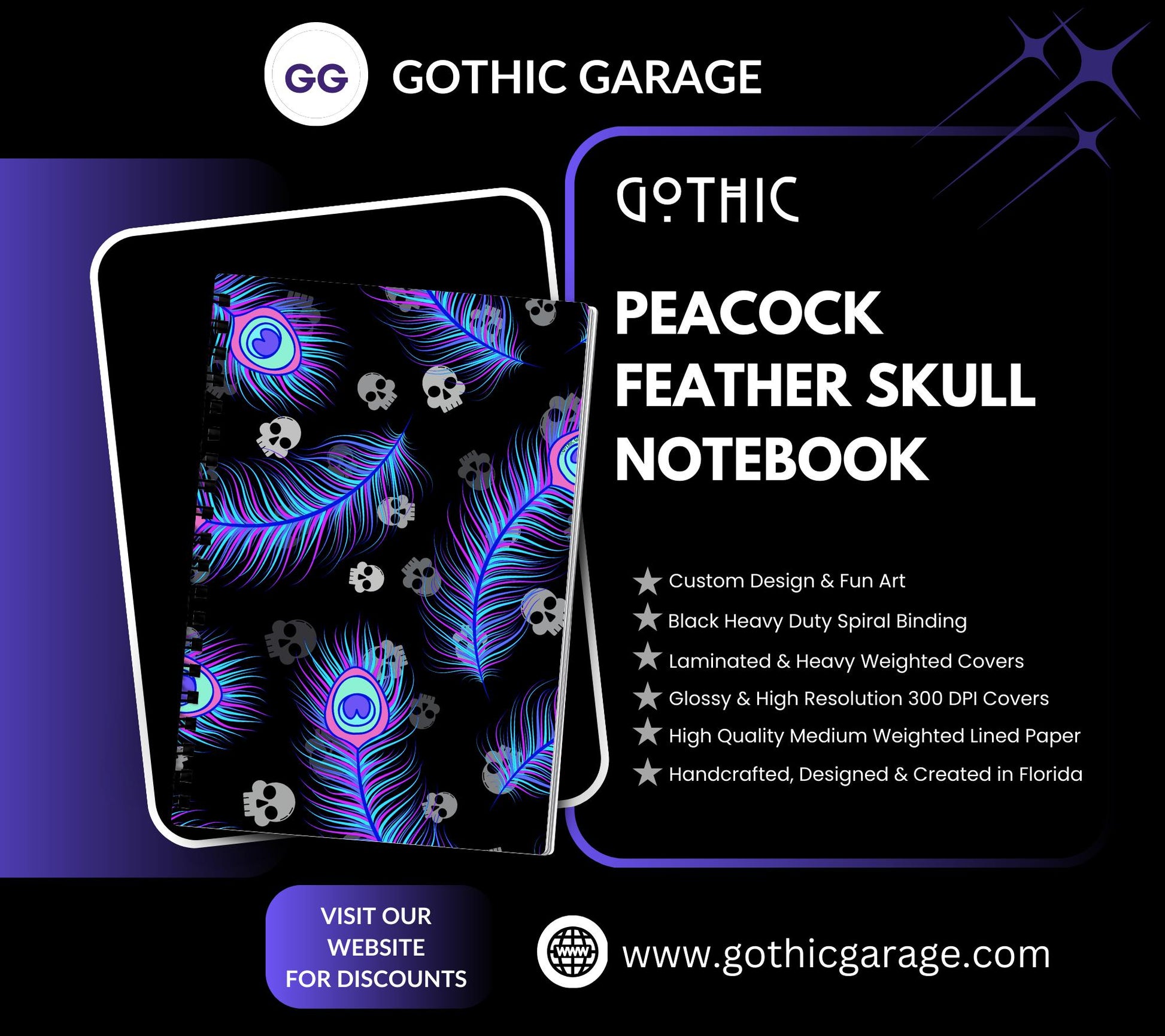 Peacock Feather Skull Lined Notebook- 160 Pages for Daily Tasks, Note Taking, Journaling, & Dreamy Escapes-