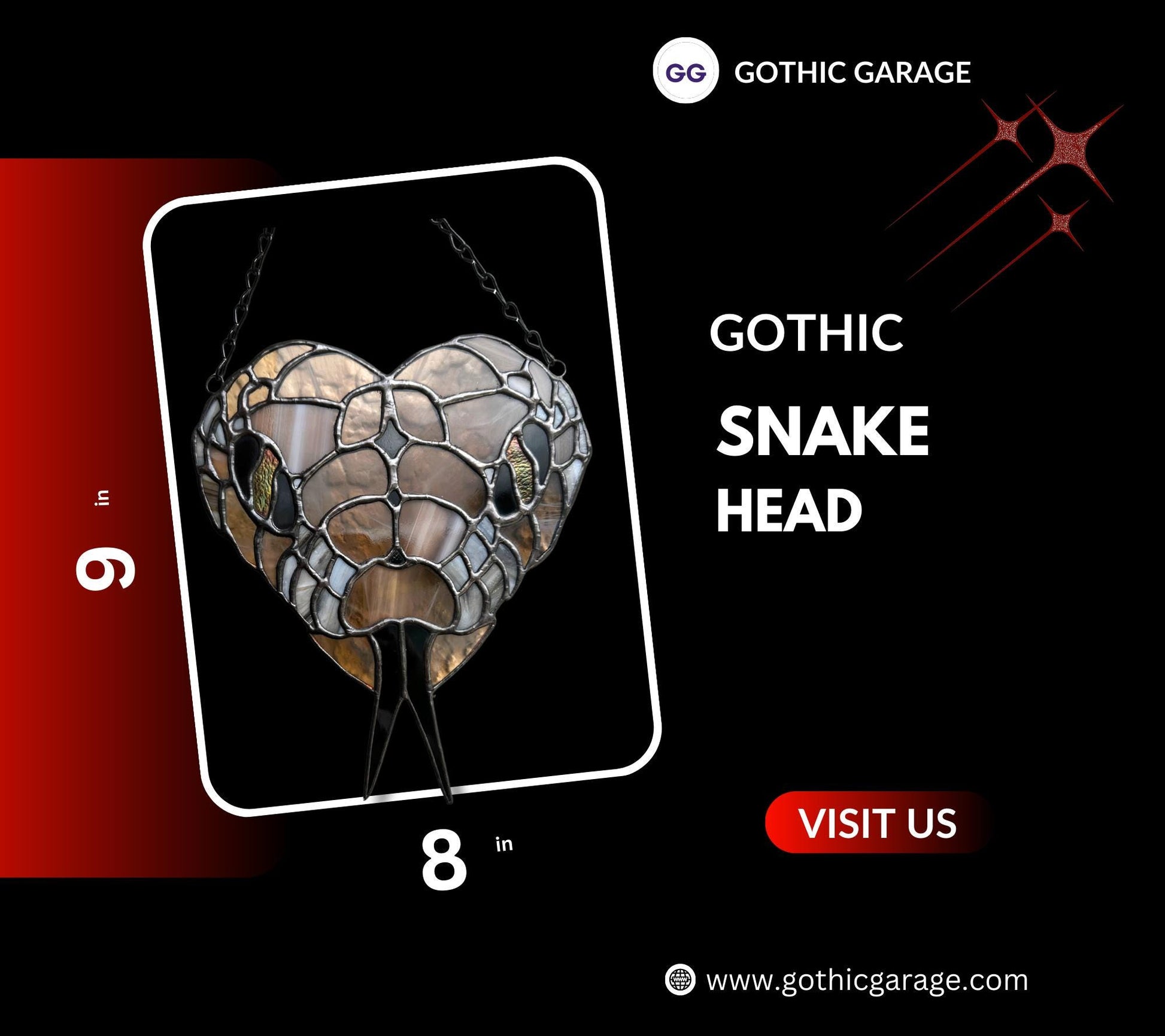 Snake Head Heart Stained Glass – Gothic Reptile Suncatcher for Alt Decor, Handmade Wall Art