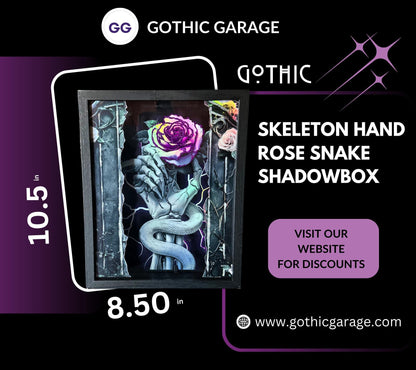 Skeleton Hand & Purple Rose Snake Shadowbox, Unique Dark Academia Wall Decor, Perfect Art for a Gothic Living Space