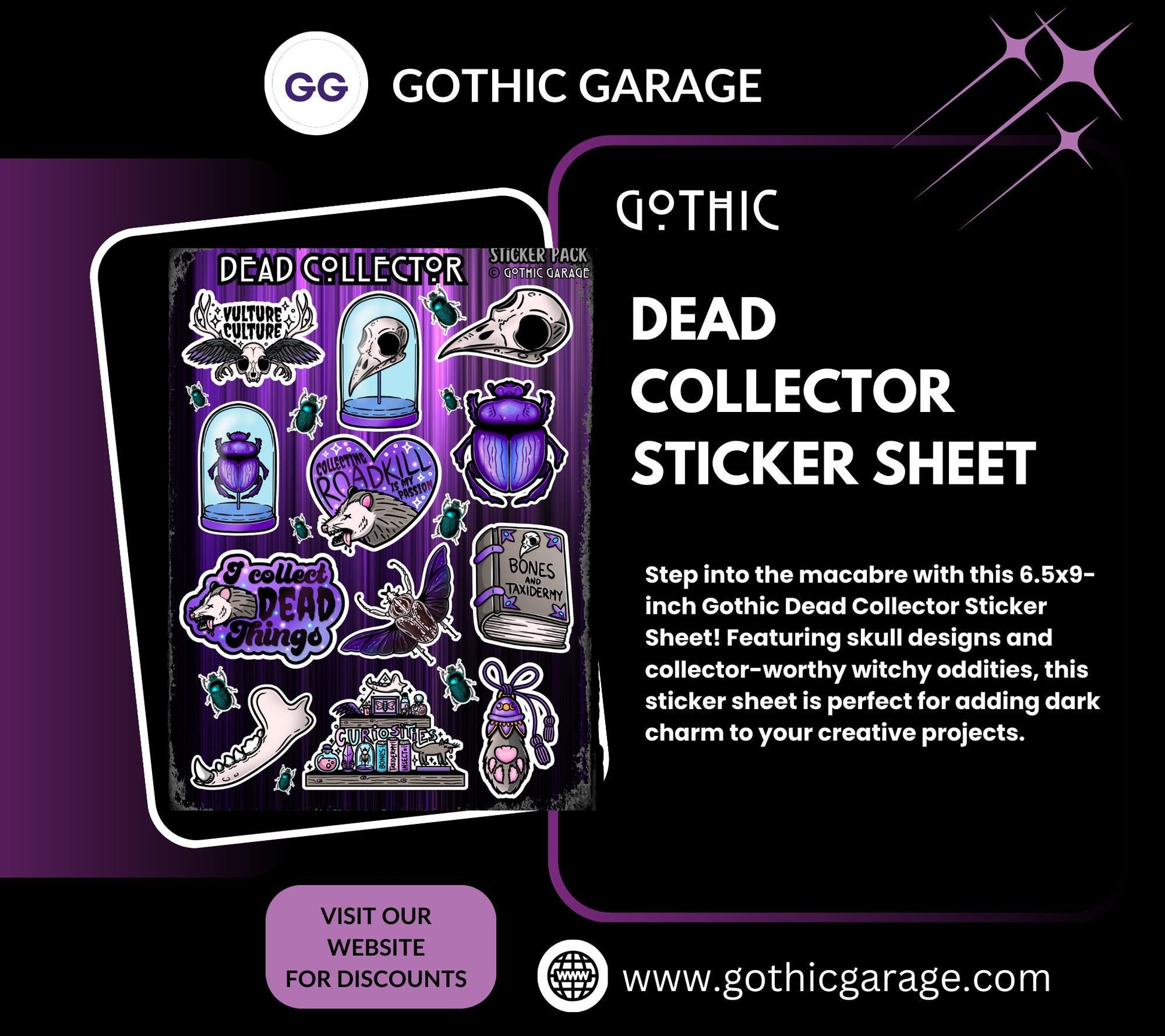 Gothic Dead Collector Sticker Sheet, Aesthetic Skulls, Oddities & Bugs - Perfect for Scrapbooking and Collecting