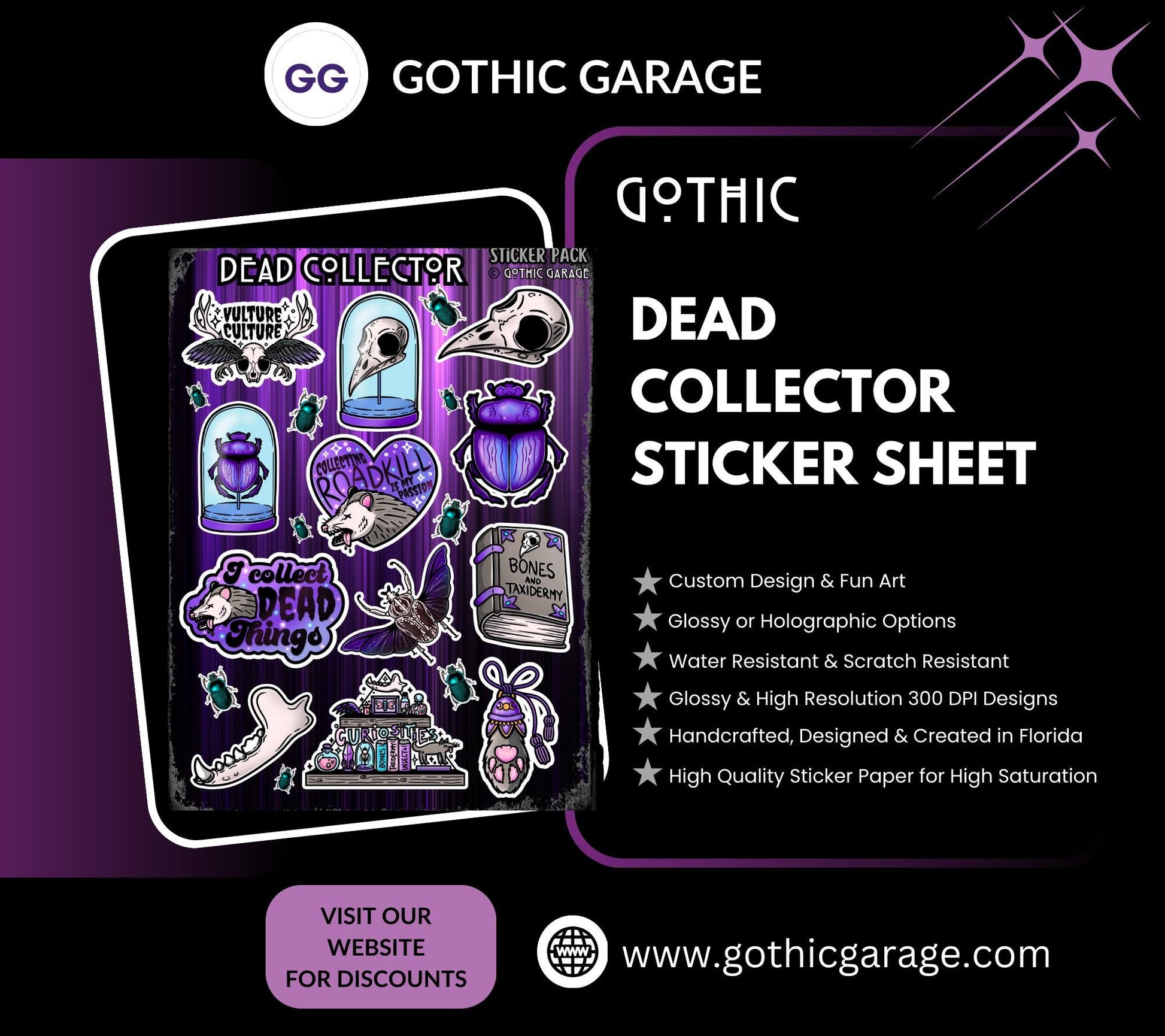 Gothic Dead Collector Sticker Sheet, Aesthetic Skulls, Oddities & Bugs - Perfect for Scrapbooking and Collecting